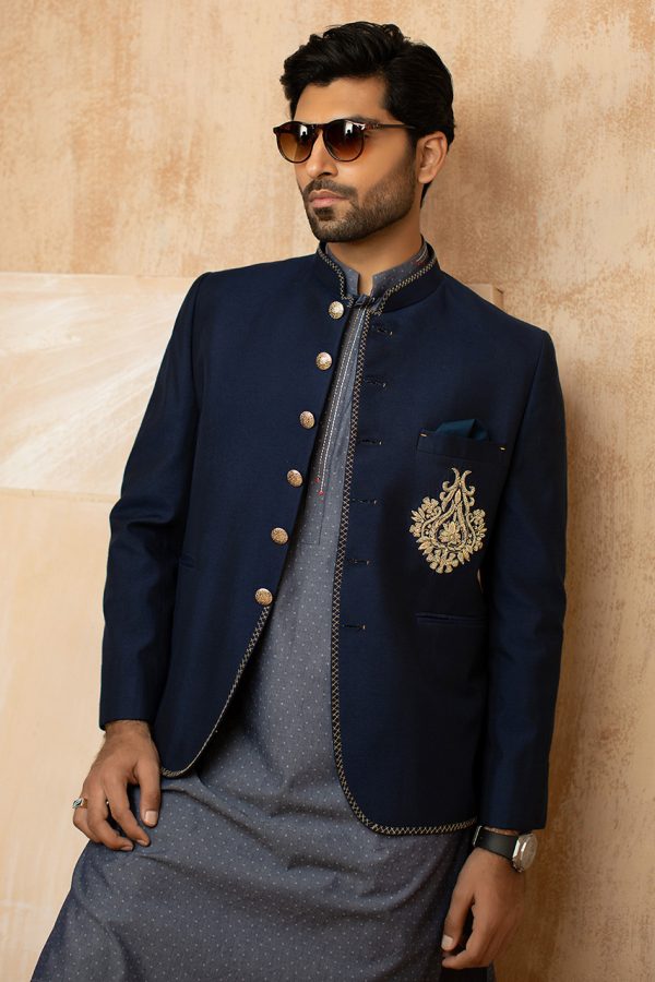 Navy Blue Prince Coat With Embroidered Bunch