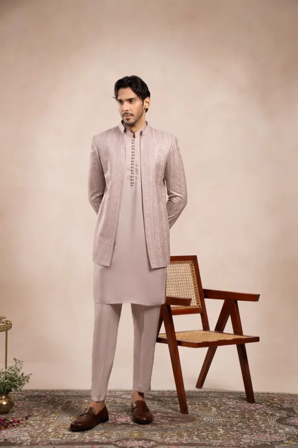 Light Tea Pink Prince Coat in Full Embroidery
