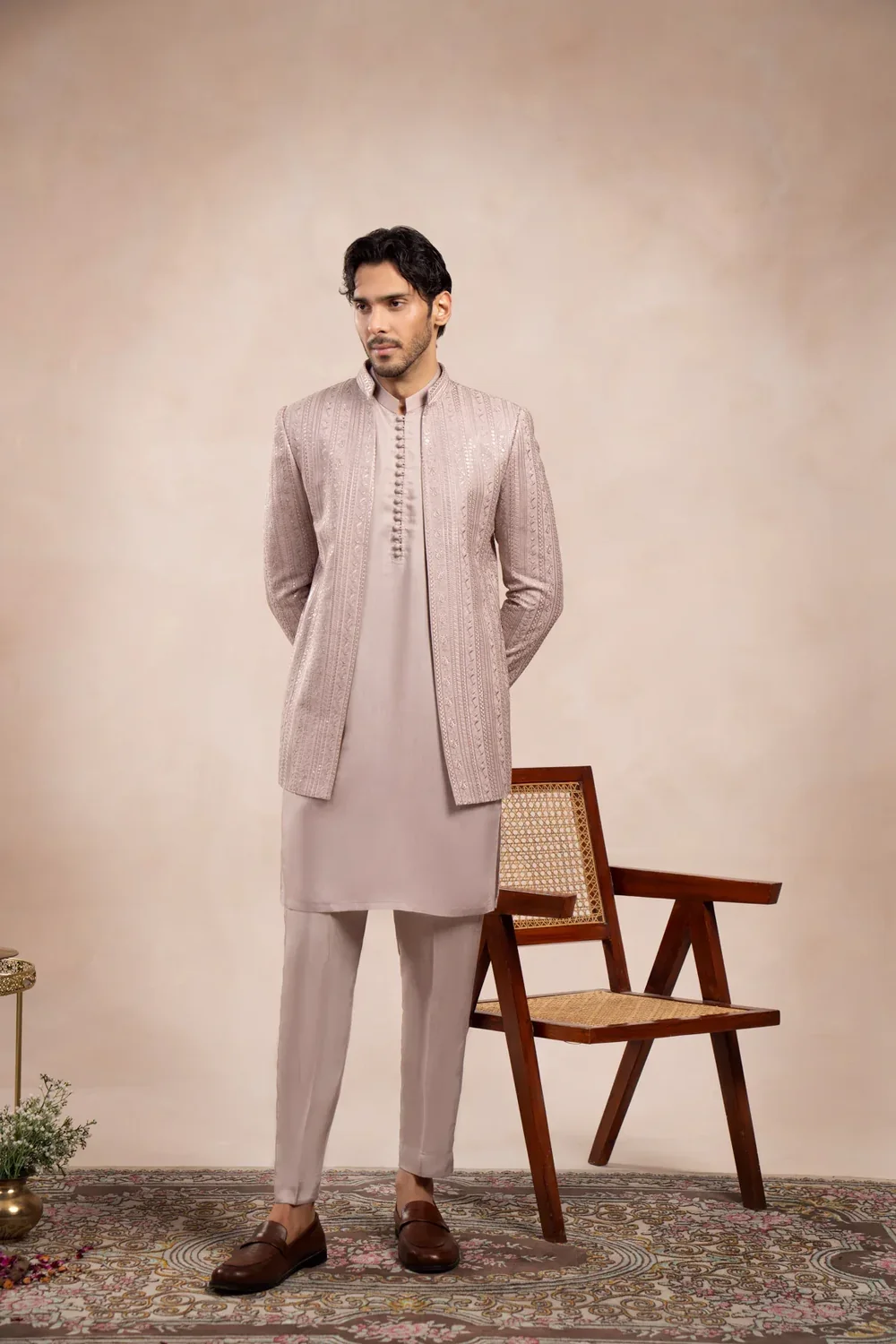 Light Tea Pink Prince Coat in Full Embroidery