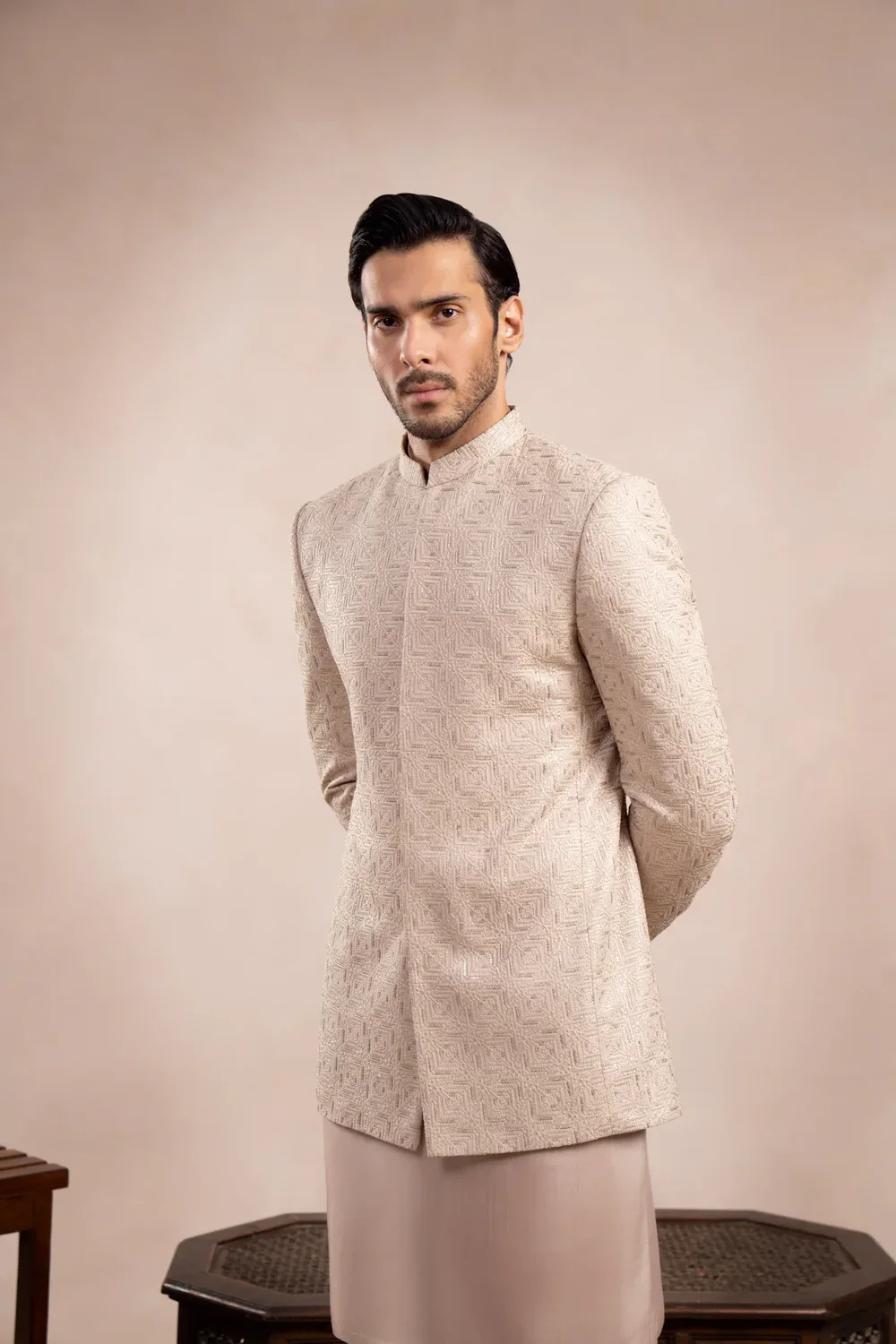 Light Fawn Fully Embroidered Prince Coat - Image 2